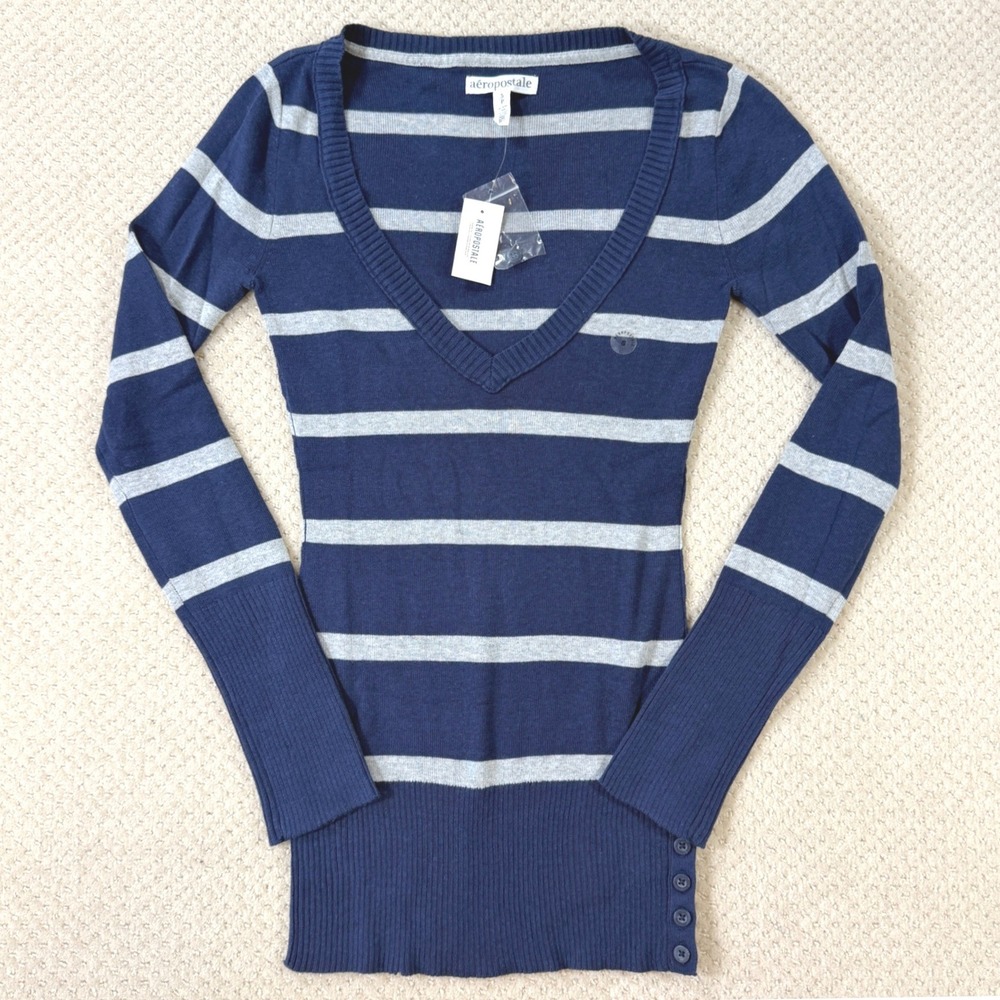 Y2K Style Striped Sweater Aeropostale Women Small Blue Gray Preppy Soft Girl